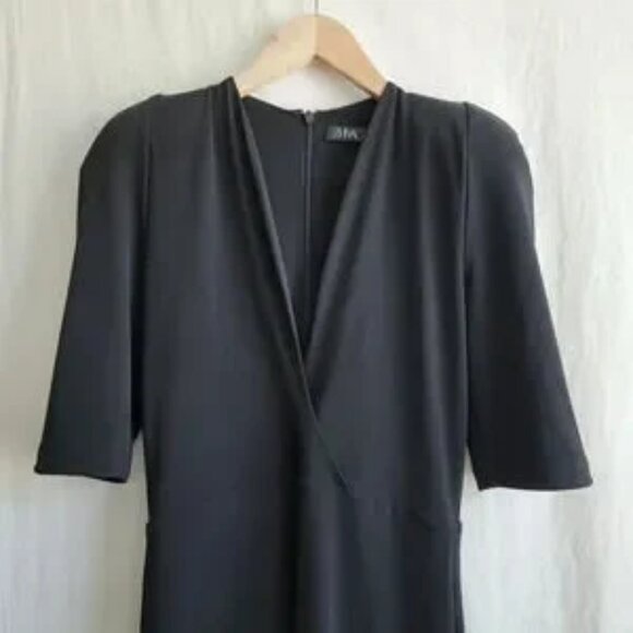 Zhivago Black Deep V Neck Knee Length Bodycon with Shoulder Pads Dress Size 6 - Picture 3 of 7